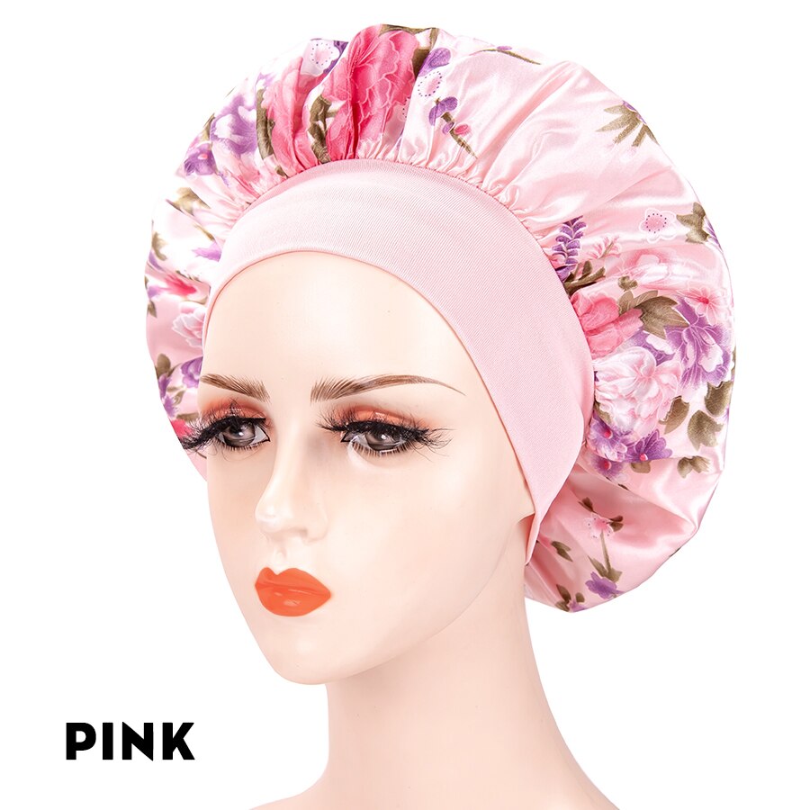 Red Flowers 1 Piece Sleep Cap Satin Bonnet Night Head Cover With Wide Band For Sleeping Soft Hair Silk Bonnet For Women Girls: PINK