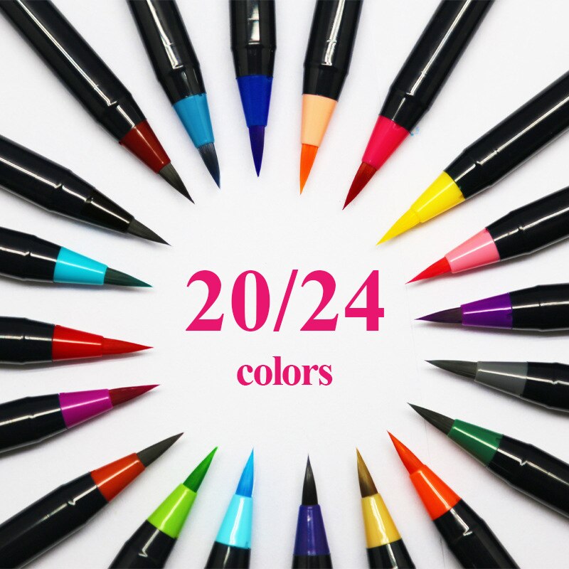 Aquarel Brush Marker Pen 20/24 Kleuren Wasbare Zachte Hoofd/Tip Glad Inkt Borstel Voor Chinese Inkt Schilderij Hand Geschilderd graffiti