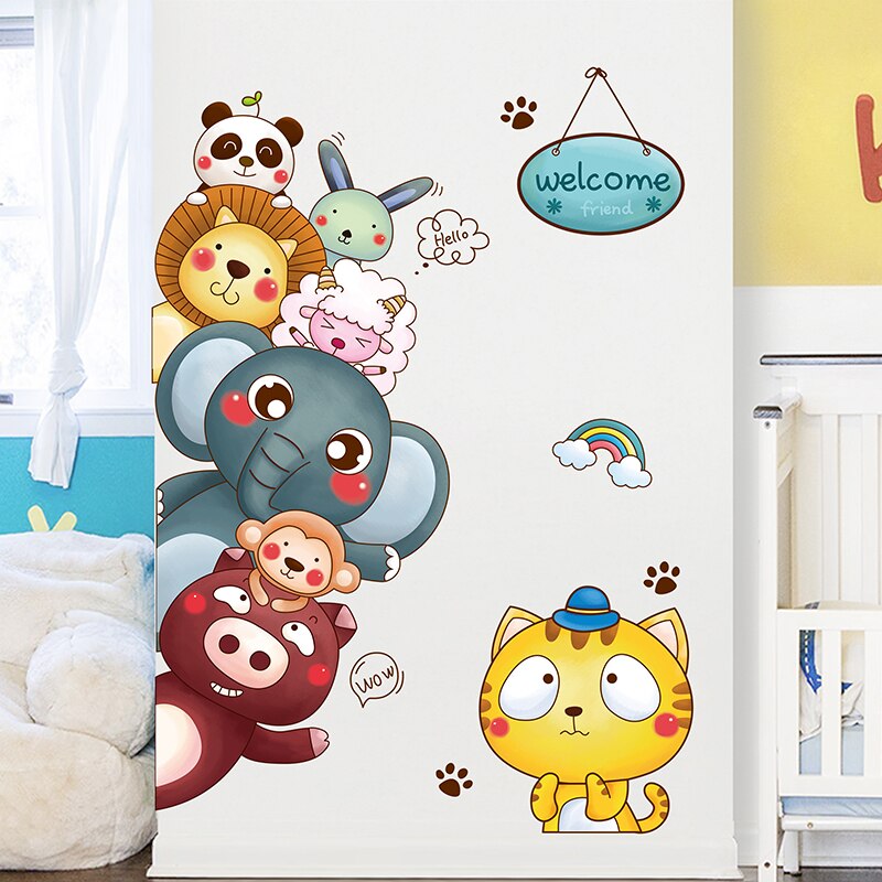 [shijuekongjian] cartoon dieren muurstickers diy deursticker voor kinderkamers, babykamer, babykamer, huisdecoratie accessoires
