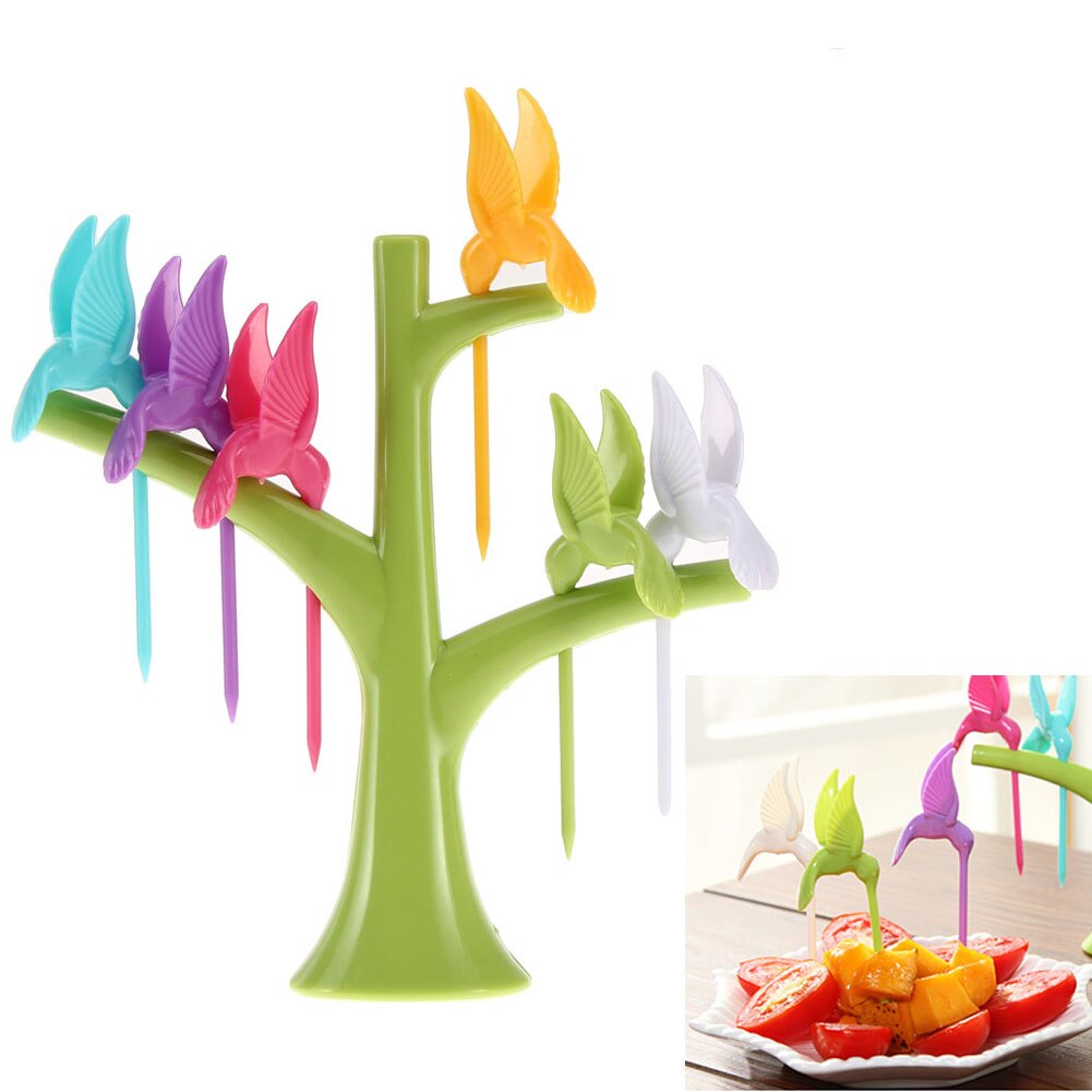 6PCS Multifunction Tree Shape Forks Holder Flying-Bird Forkes Fruit Fork Cartoon Snack Cake Dessert Food Fruit Toothpick Lunch