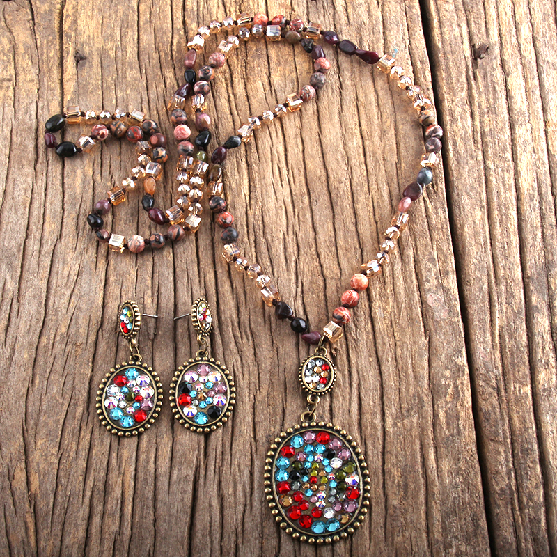 RH Boho Schmuck Set Semi Kostbare Stein & Glas Verknotet Pflastern Kristall Anhänger Halskette Ohrring Set Frauen: multi