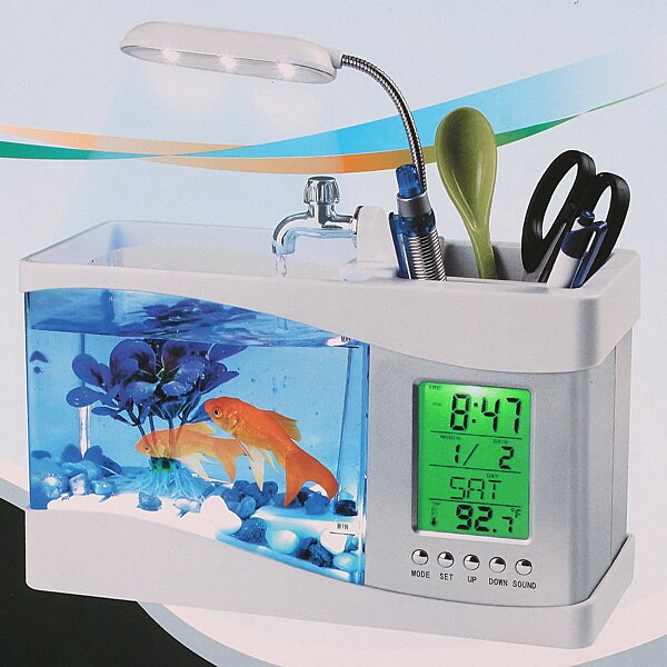 Acuario negro/blanco USB Mini acuario pecera con pantalla de visualización LCD de luz LED para lámpara y reloj acuario pecera