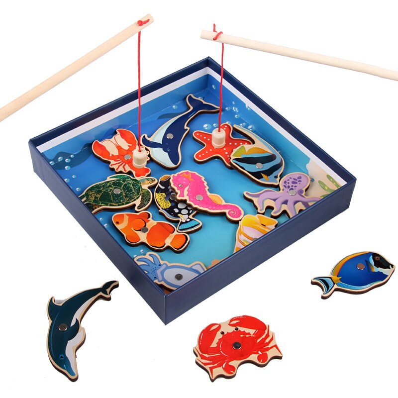 Jeu De Pêche Magnétique En Bois - 15 Animaux Marins - 2 Cannes - Pour Enfants 3-6 Ans - Développe La Coordination