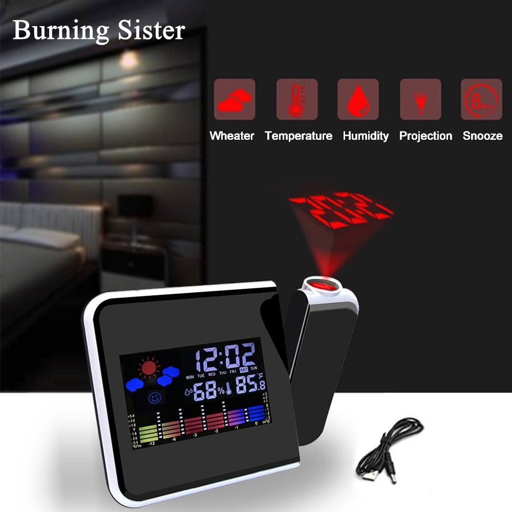 Digitale wekker met projector, kleurenscherm, projectie, bureauklok, multifunctioneel weer, kalender, tijdhorloge