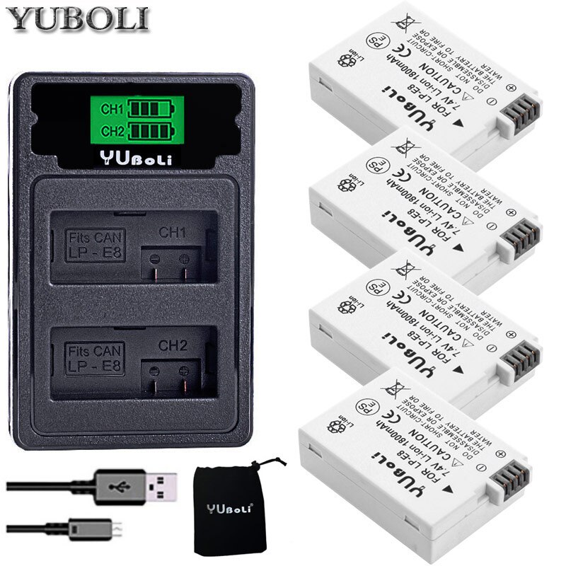 Batería de LP-E8 para Canon EOS 600D 550D 650D 700D Kiss X5 X4 X6 X7 Rebel T3i T2i T4i T5i 1500Mah, baterías de la Cámara LP E8: charger and 4battery