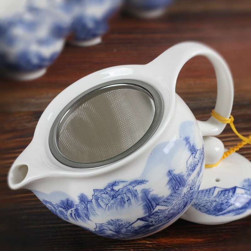 Traditionel kinesisk håndlavet blå og hvid porcelæn tekande 350ml med te si keramisk tekande sæt