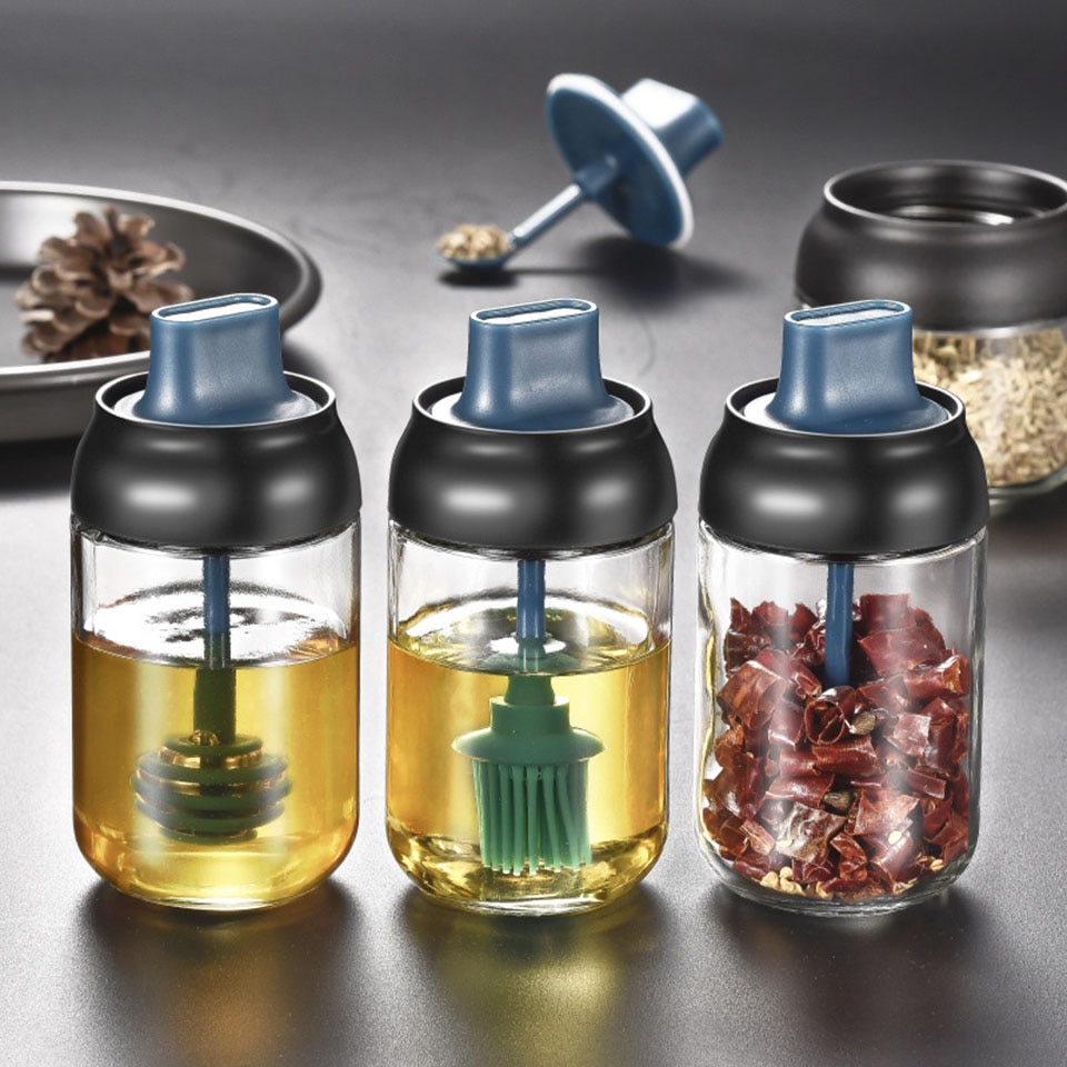 250ml Glass Flavoring Bottle Seasoning Box Seal Damp-proof with Lid and Seasoning Spoon Honey Dippers Oil Brush Store Salt