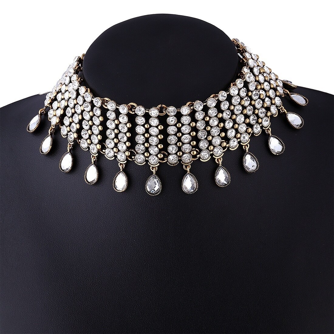 Wild Full Brilliant Crystal Rhinestone Choker Necklace Authentic Indian Bib Statement Necklaces for Women Lady Party Jewelry: Antique Gold Plated