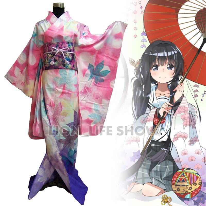 Women Japanese Traditional Blue green Furisode Long Kimono Dress Cosplay Costume outfit