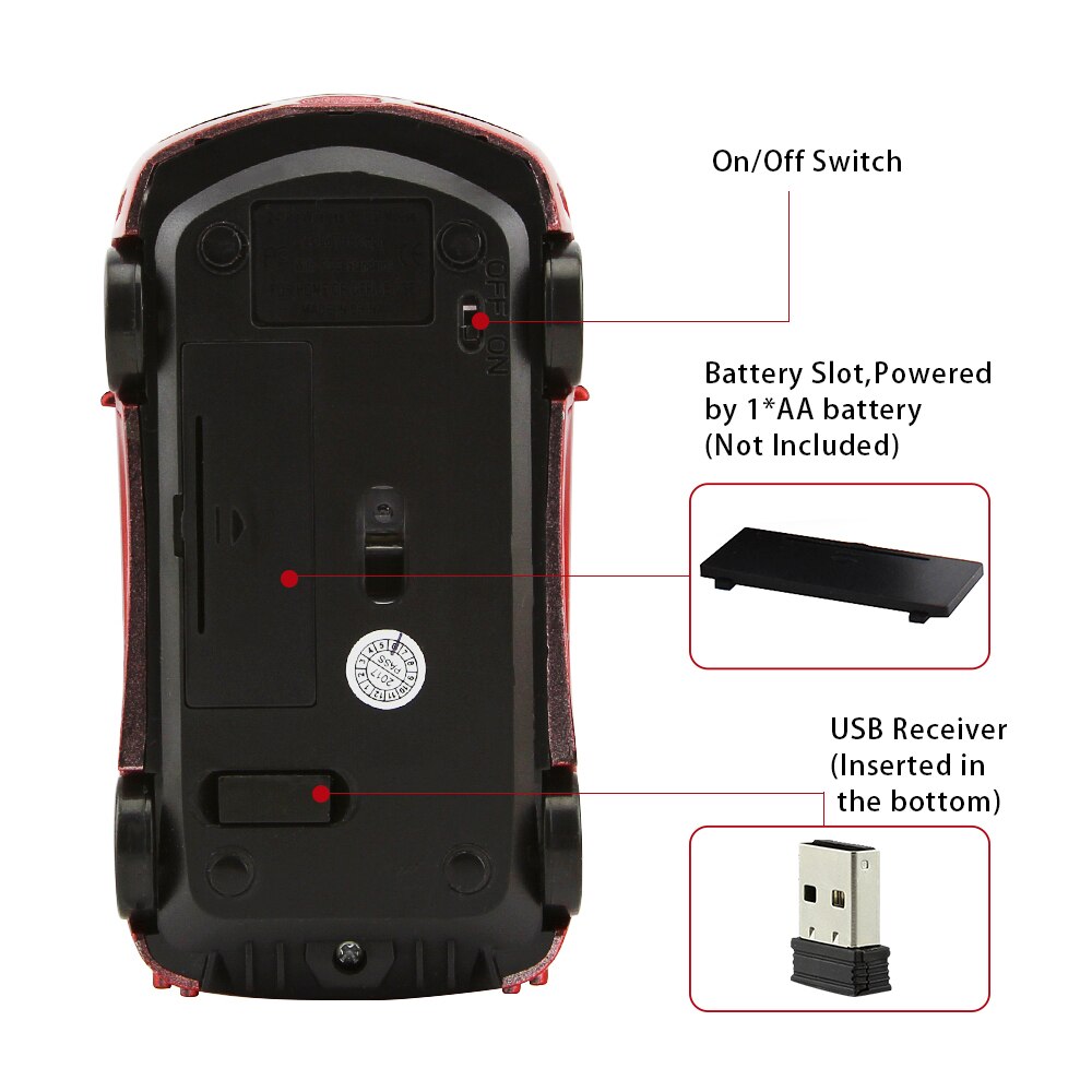 CHYI-ratón inalámbrico con forma de coche, dispositivo de 2,4 Ghz, Mini, ergonómico, Usb, 3d de dibujos animados, LED, para el coche, para ordenador portátil