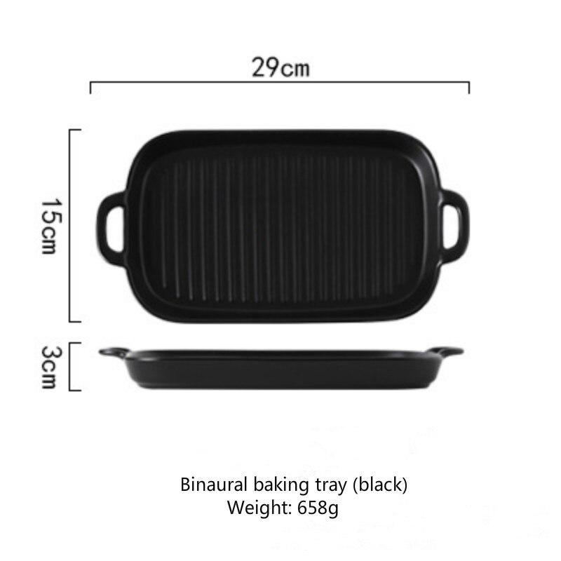 Rectangular Nordic Ceramic Plate Dual Handle Chicken Wings Barbecue Baking Plate Baking Tableware Heat Resistant Tableware Plate: Black