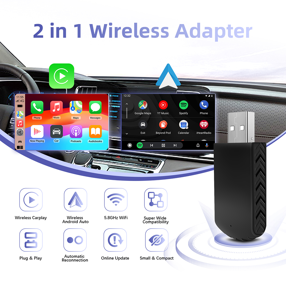 Carplay trådlös 2 in adapter minibox wifi snabb anslutning trådbunden till trådlös android auto för 1 /typ c dongle plug and play