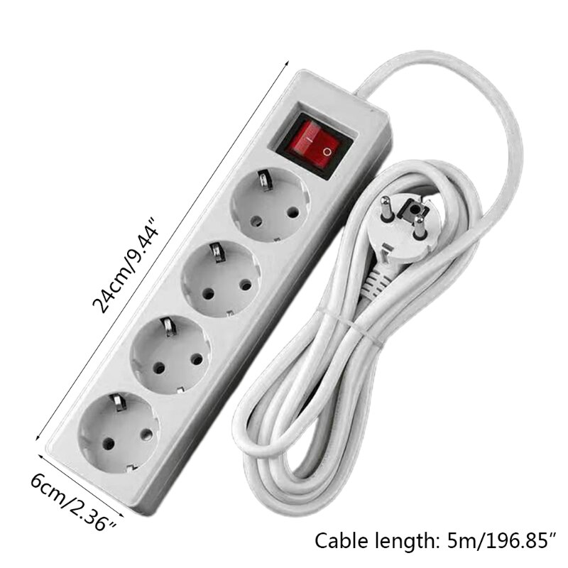 EU Standard German Type Power Strip 3/4/5 Sockets in Row Flat Adapter Light Switch with Surge Protector Extension Cable