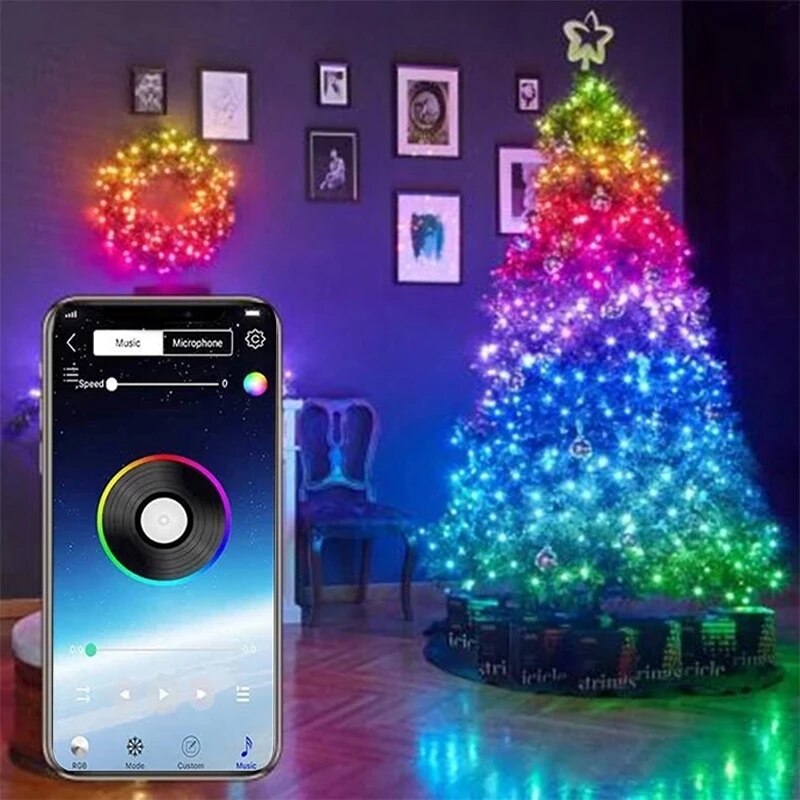 Kerstboom Decoratie Bluetooth App Afstandsbediening Led String Light Fairy Light Lamp Feestelijke Verlichting String Muziek Waterdichte