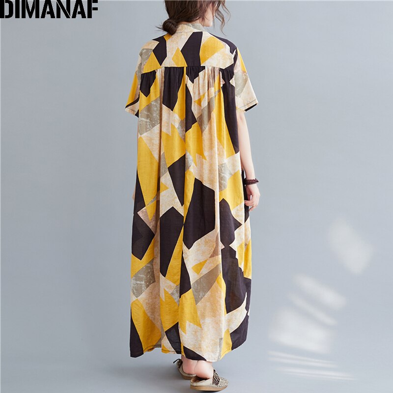 Dimanaf plus size vestido feminino algodão estampado verão vestido de verão roupas casuais senhora vestidos botão solto cardigan camisa vestido 5xl