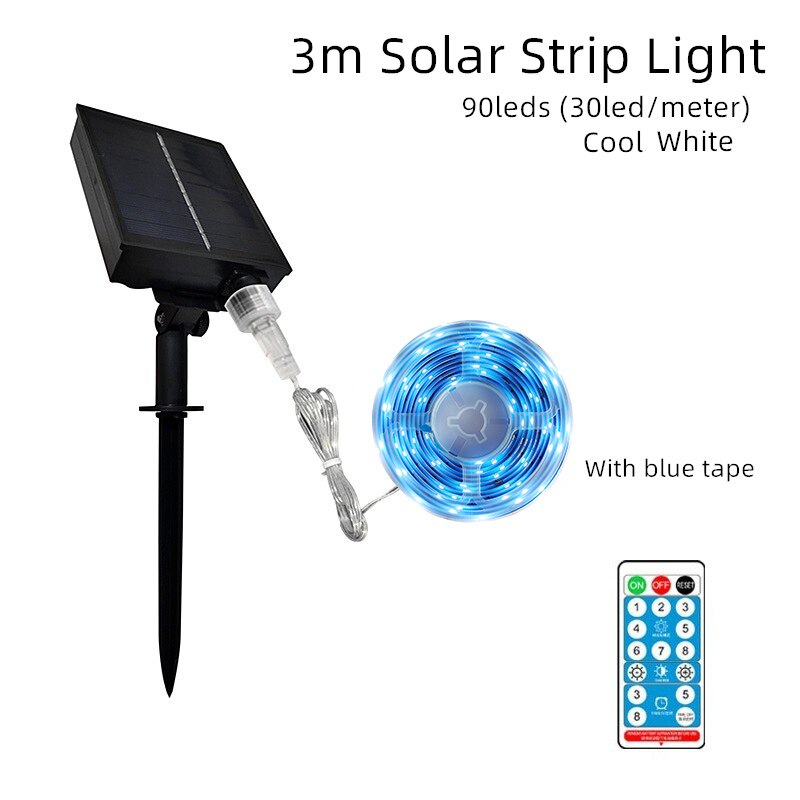 Gylbab-tiras de luces LED solares, 8 modos, Control remoto, 3 m6m12m 90, exterior, impermeable, noche, para garaje, césped y jardín: 3m cool white