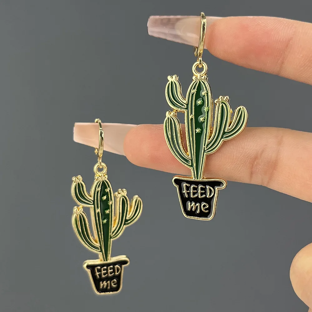 Pendientes de aro de Color dorado con forma de planta de Cactus y hoja esmaltada colorida para mujeres y niñas, pendientes Vintage bohemios con goteo de aceite, de joyería: Azul