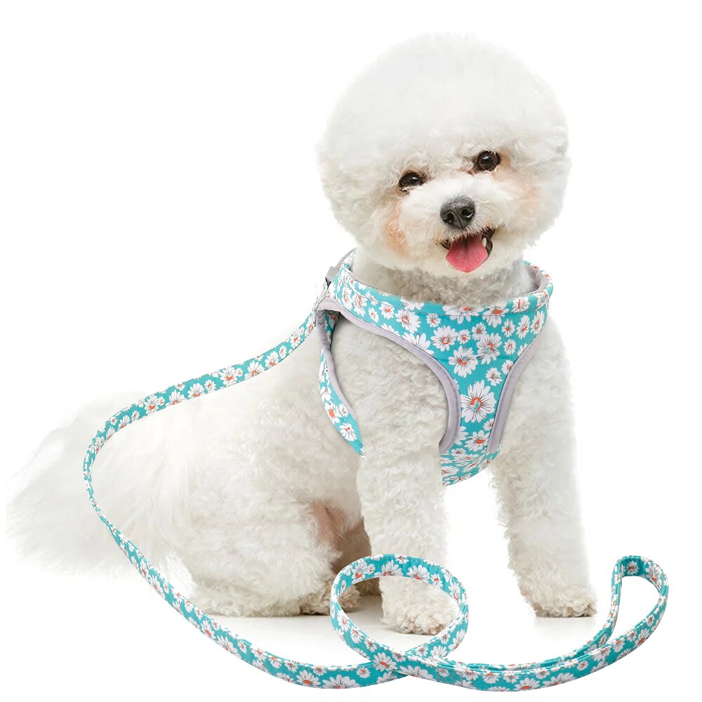 Reflective Dog Harness Soft Mesh Pet Puppy Harness Leash Set French Harnesses Bulldog Printed Dogs Small Medium Vest