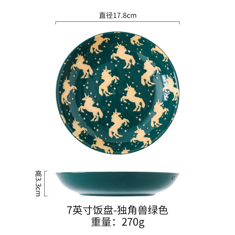7 inch Ceramic Deep Plate Japanese Style Relief Plat Seramik Steak Dishes Flat Deep Plate Breakfast Dish Household Tableware: unicorn-green