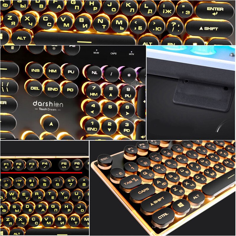 Steampunk Retro Gaming Keyboard Russian/English Layout Round Keycap Backlit USB Wired Glowing Metal Panel Crystal Border
