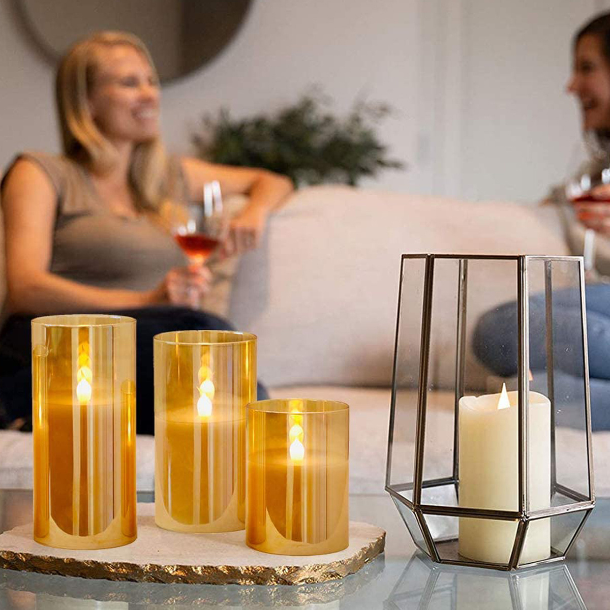 3Pcs Golden Gray Authentic Flame Flickering LED Candle Light Glass Jar Wax Indoor Electronic Remote Control Candle Warm Light