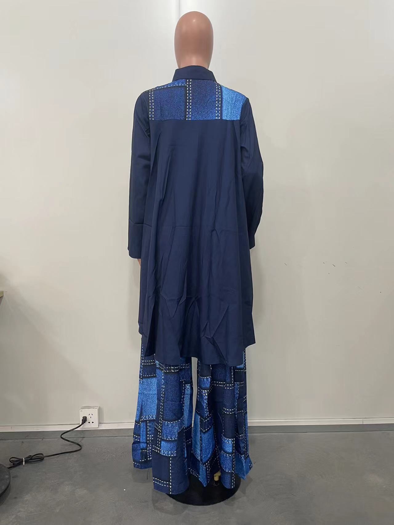 Buksesæt dame todelt sæt denim splice matchende sæt ternet skjorte toppe vide ben lange bukser høj talje  y2k streetwear