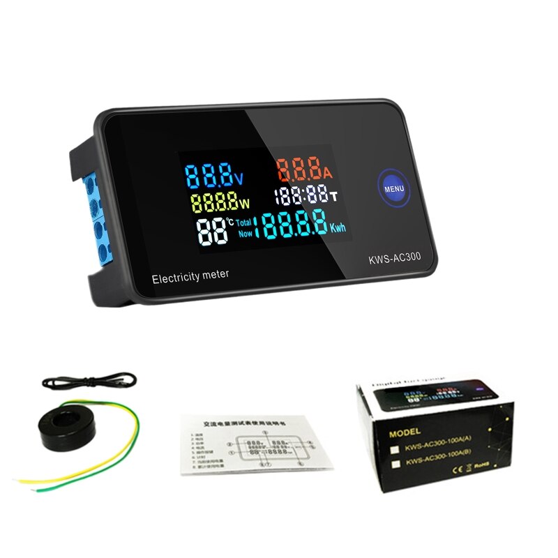 Ac 50-300v 0-100a effekt energimåler voltmeter ammeter kwh digital vekselstrøm elektrisk monitorpanelmåler med reset-funktion: 100a ct spole
