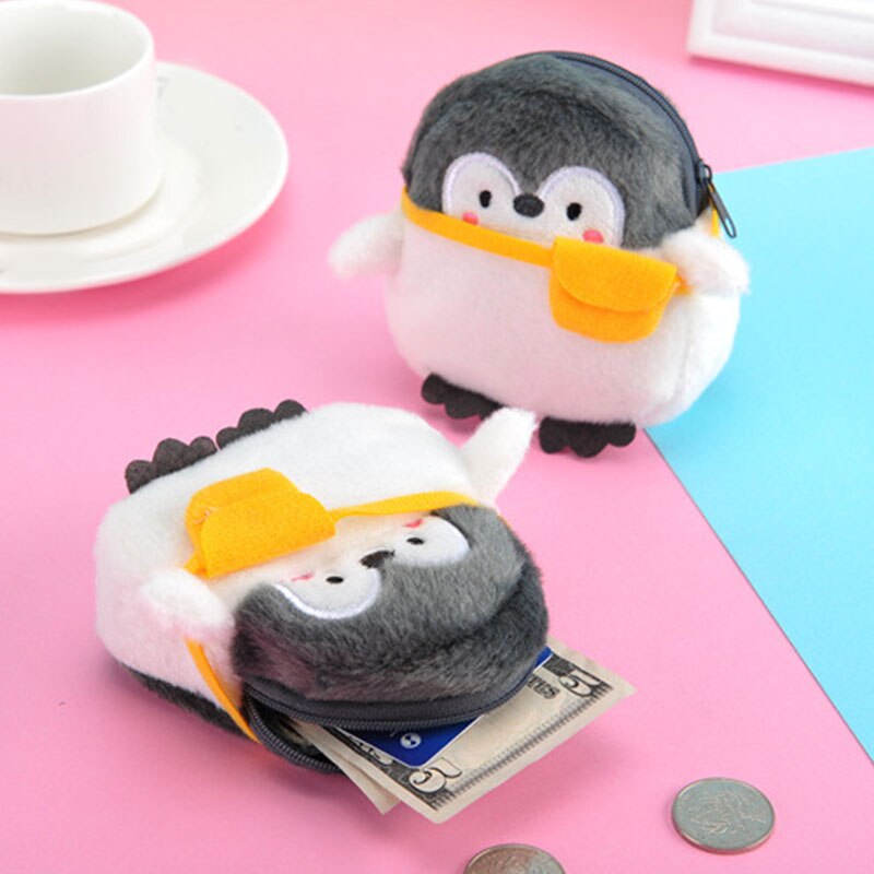 Monedero de pingüino de pelo bonito suave para niños y niñas, Mini cartera con línea de datos, monedero Neutral
