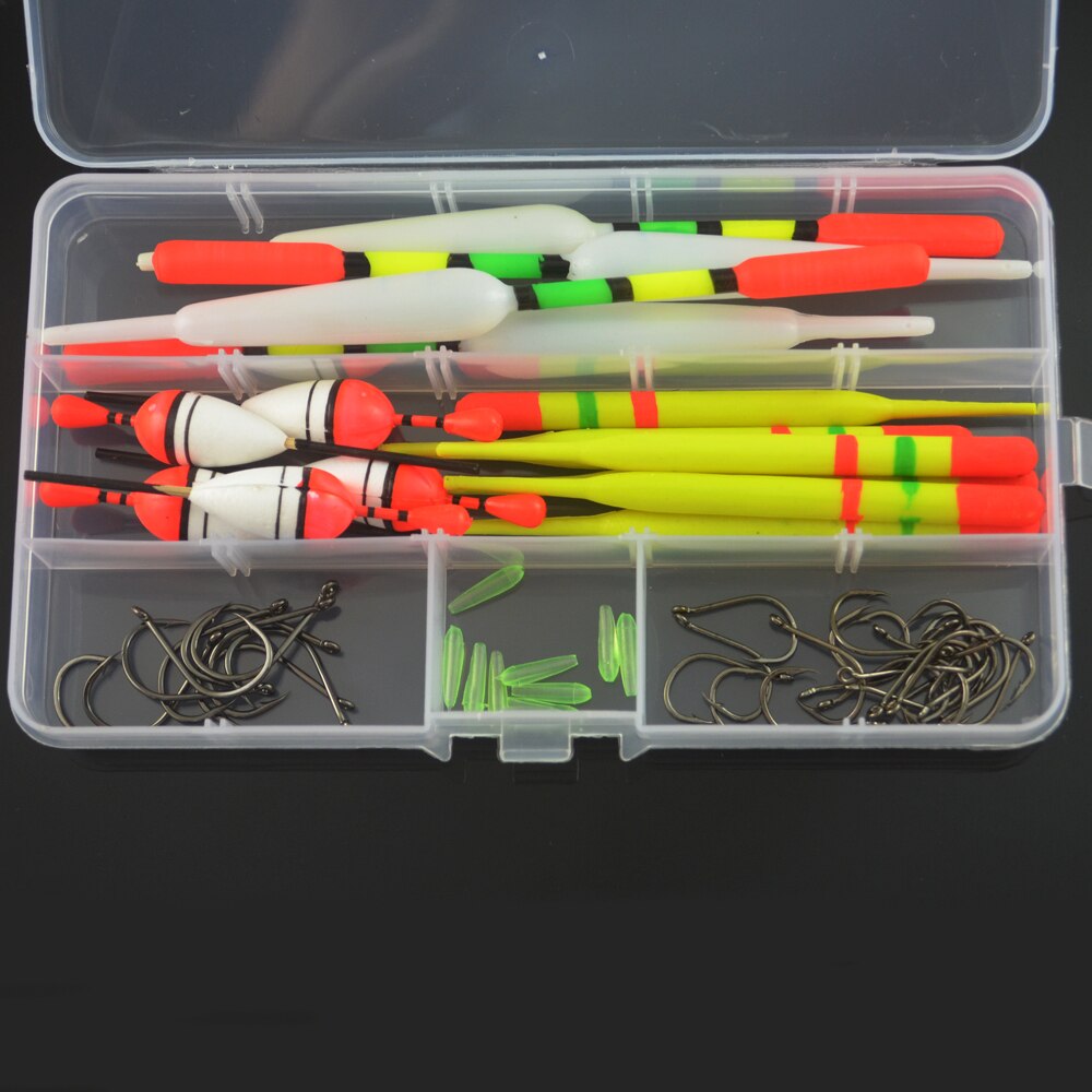 15 st 3 storlek vertikala fiske flytbojar bobber fiskeredskap boj med gratis redskap låda  + 30 st krokar combo