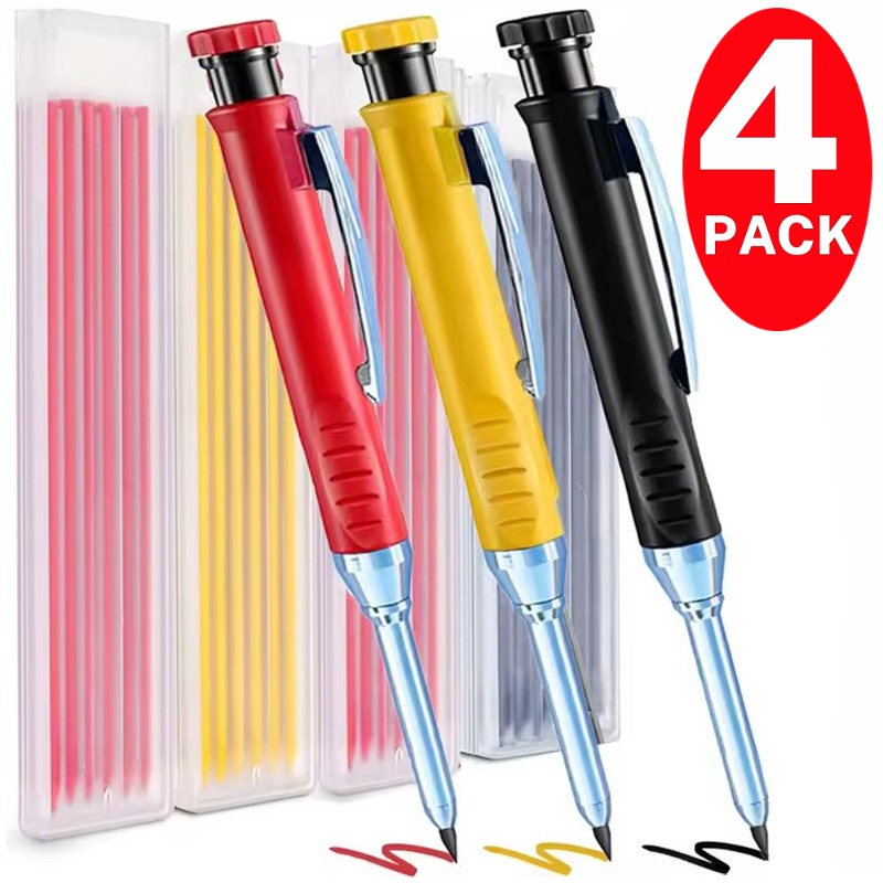 Paquete de 4-1 lápices de carpintero sólidos con recambio, marcador de lápiz mecánico de Agujero profundo de punta larga de 40mm para construcción de carpintería