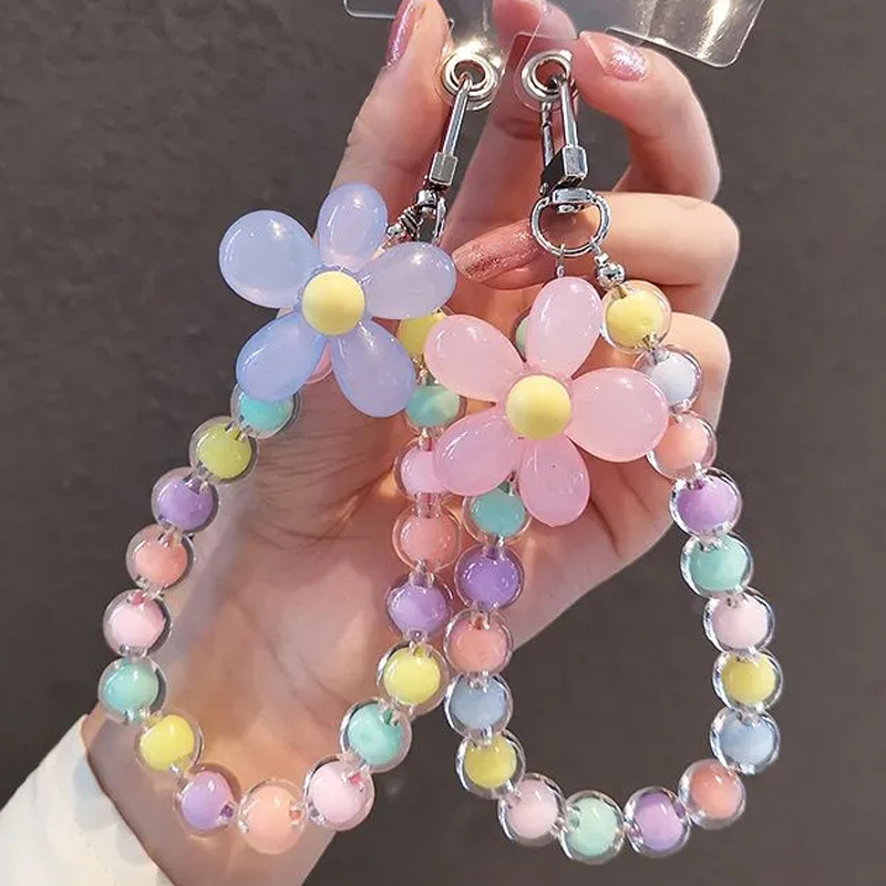 Korean Colorful Flower Beaded Mobile Phone Charm Strap Chain Lanyard Women Girl Jewelry Phone Holder Beads Pendant