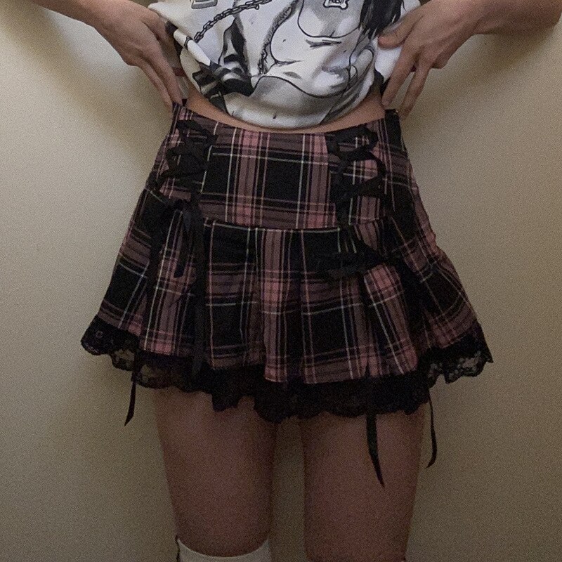 Minifalda gótica de Lolita para mujer, tutú con volantes, rosa, cuadros, plisado, Emo, Punk, oscura, Academia, ropa Grunge