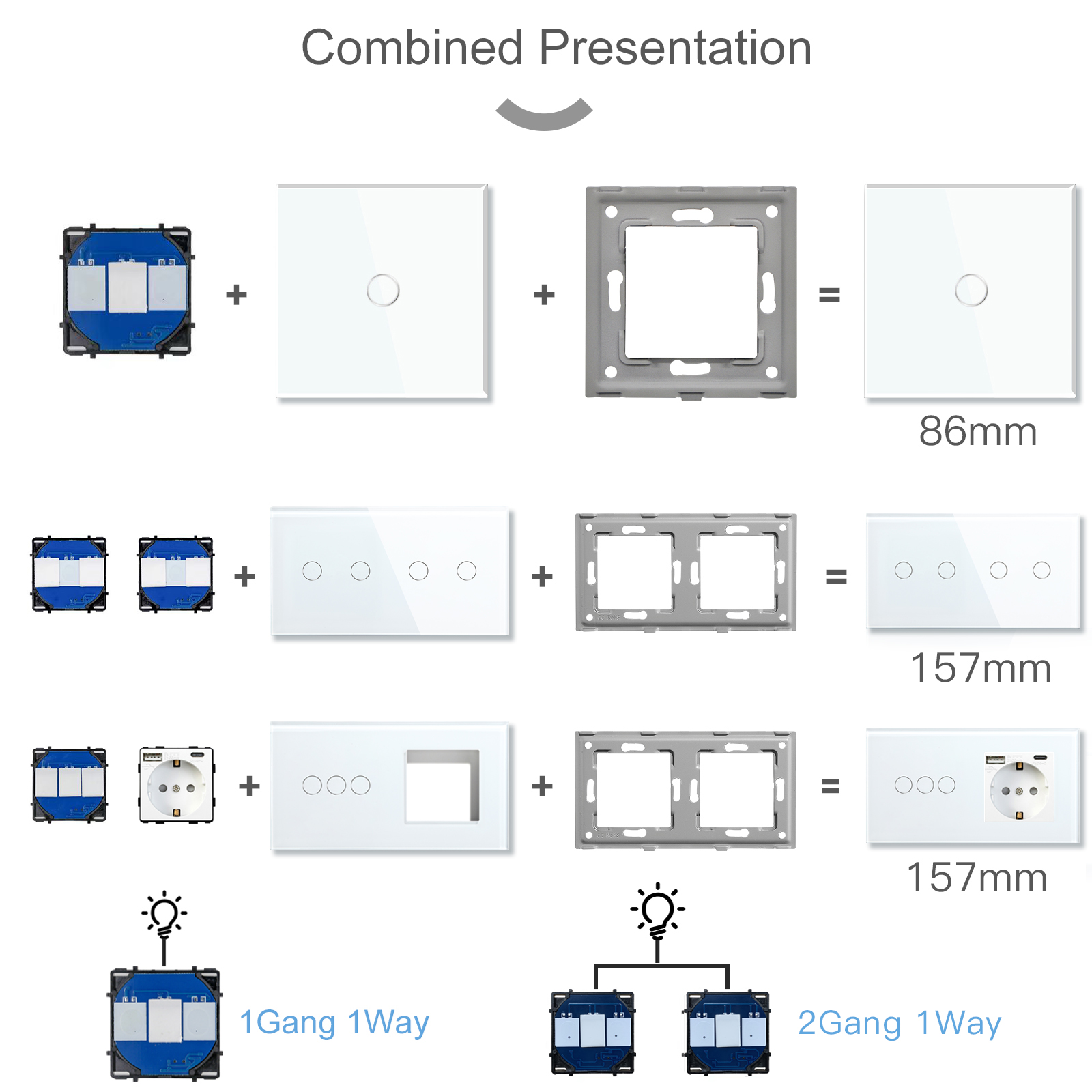 BSEED 157mm EU Standard Crystal Glass Panel Frame For Light Touch Switch Sockets DIY Double Wall Frame With Metal Base Included