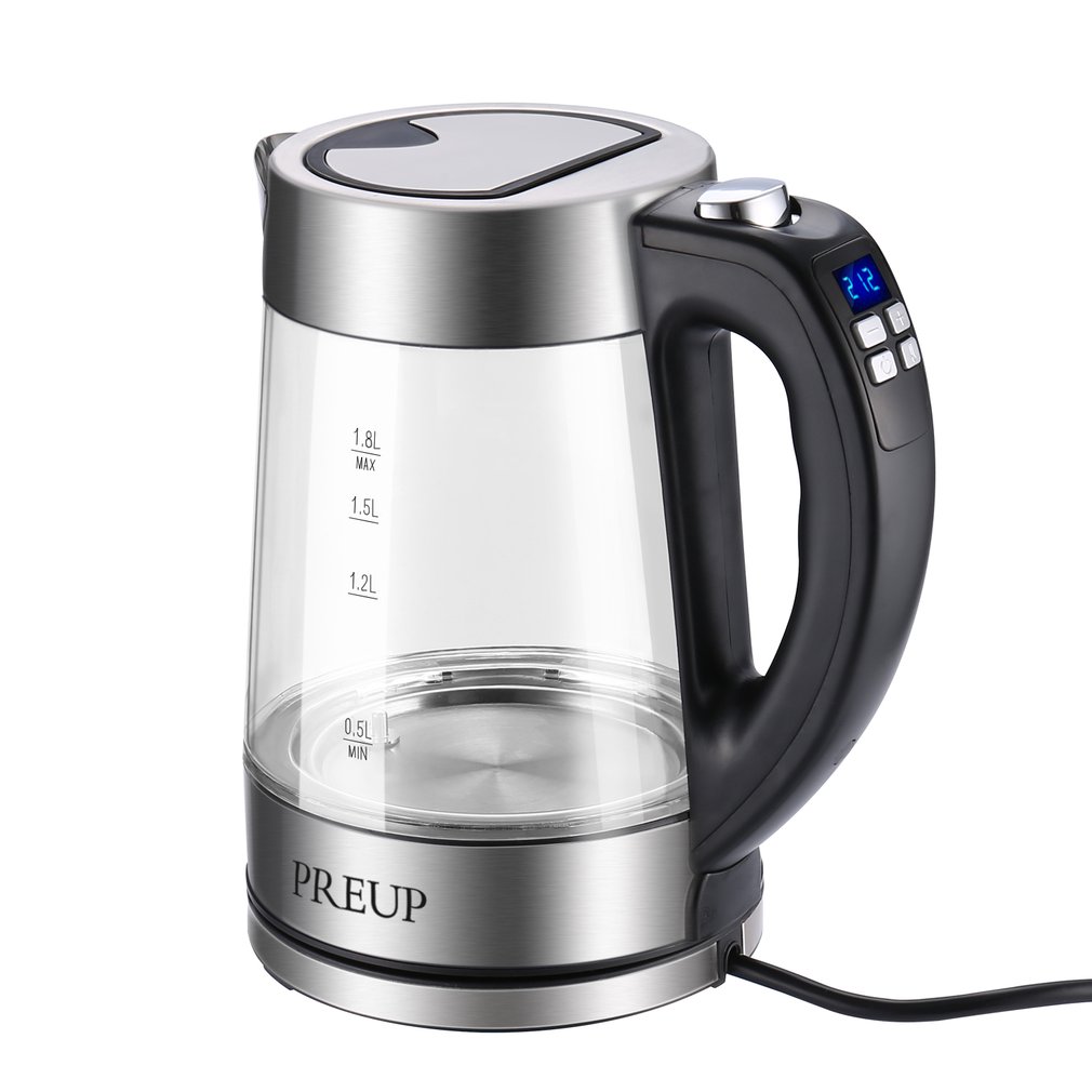 Preup Temperature Control Glass Electric Kettle 1.8L Electronic Display Temperature Four Control Keys Stainless Steel Kettle