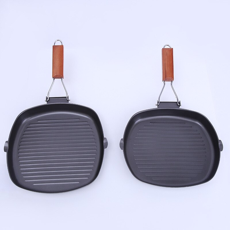 Non-Stick Steak Frying Pan Cast Iron Steak Grill Pans Frying Pan Wooden Handle Folding for Kitchen Fry Cooking Steak