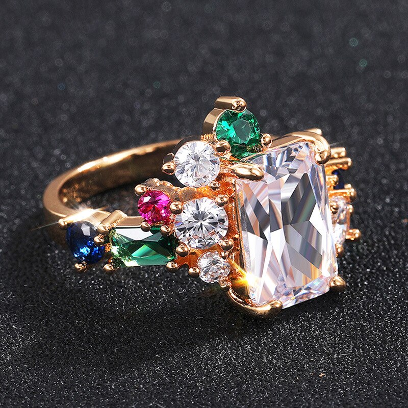 Luxe Cz Ring Liefde Kleurrijke Zircon Stone Pave Instellen Verzilverd Beste Kerstmis Nieuwjaar Ringen Voor Vrouwen