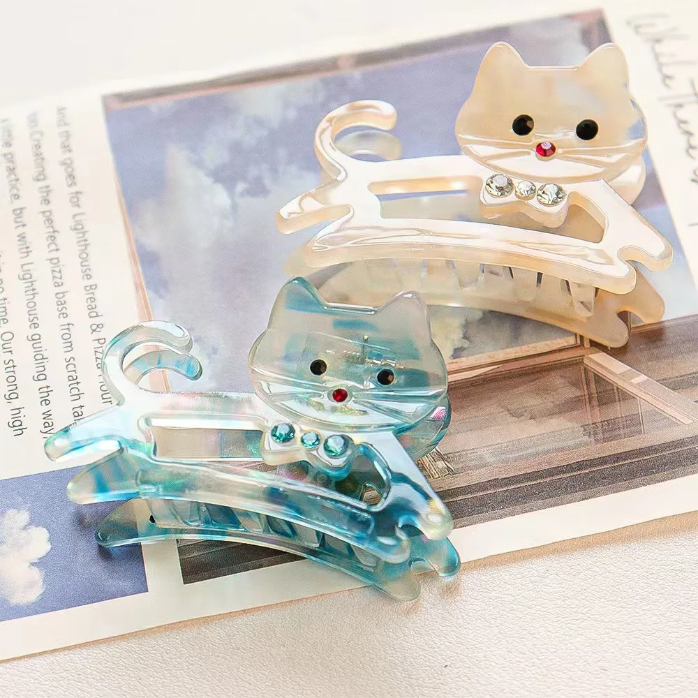Pinza para el pelo de gato con diamantes de imitación para mujer y niña, pinzas para el pelo de acetato con dibujos de animales, gatito y cangrejo, accesorios para el cabello Kawaii