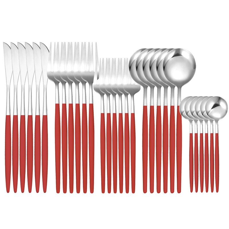30Pcs White Gold Dinnerware Set Stainless Steel Knife Fork Spoon Cutlery Set Kitchen Tableware Set Flatware Set: 30Pcs Red Silver