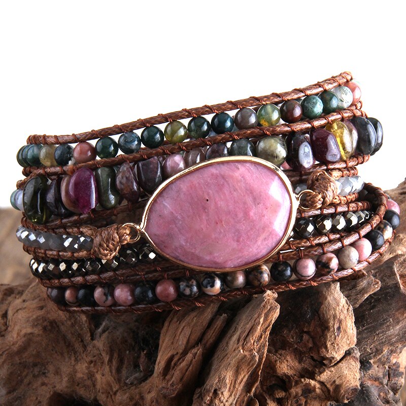 RH – Bracelet Boho de styliste, fait à la main, pierres naturelles mélangées, breloque enveloppante à 5 brins, pour femmes, directe: red purple