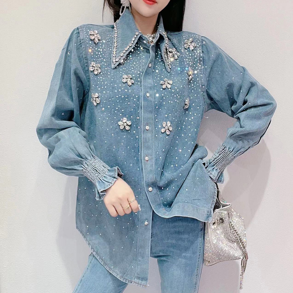 Eleganta kvinnor diamanter pärlblommor jeansblusar strass jeansskjortor paljettkofta kristall ytterkläder borrningstoppar blusor