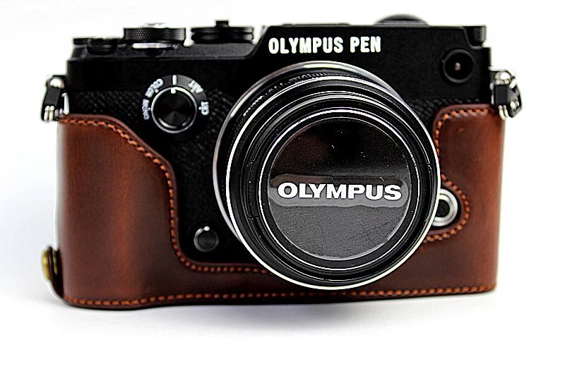 Lær kameraetui til olympus penn-f penn f penf kamerahusveske, ta ut batteriet direkte: Kaffe