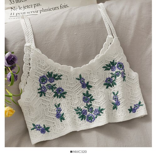 Neulotut crop topit spagettiolkaimet toppi kirjailtu cami hollow perspektiivi slim fit camisole hihattomat ins: Valkoinen