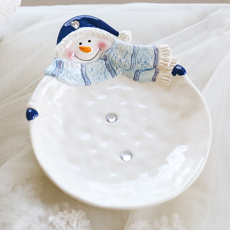 Bol à salade céramique mignon bonhomme de neige | Assiettes à manger, bol à salade artisanat assiette à Snack, bouilloire pot de rangement, assiette d'assaisonnement, vaisselle de noël