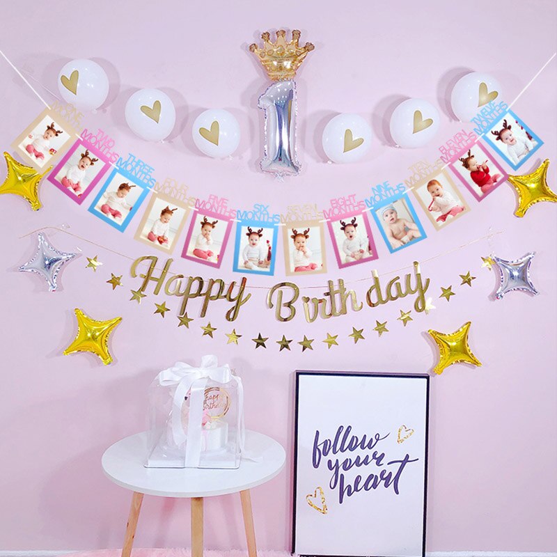 1set 12 marco de fotos de meses Banner primeros banderines con de feliz cumpleaños decoraciones para Baby Shower guirnaldas de papel cabina de fotos suministros de
