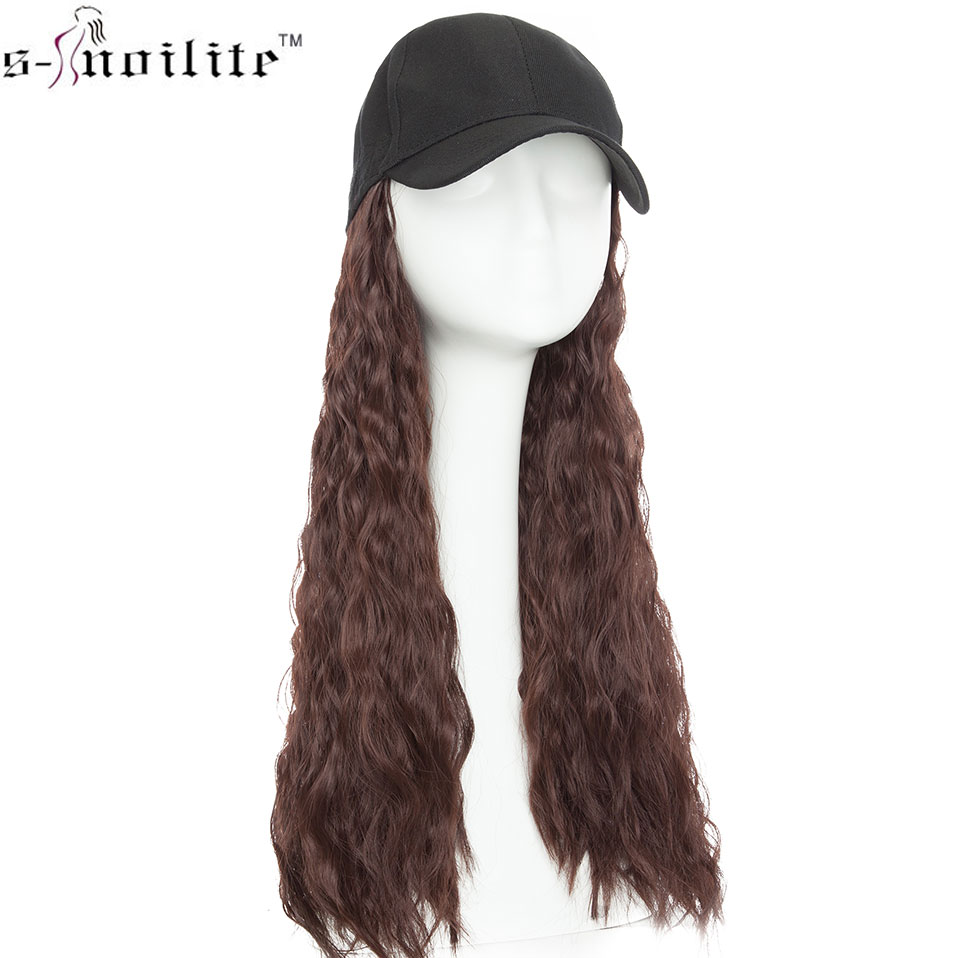 SNOILITE 18 pouces longue extension de cheveux ondulés avec capuchon noir extension synthétique cheveux pour les filles partie style intergrille cap cheveux
