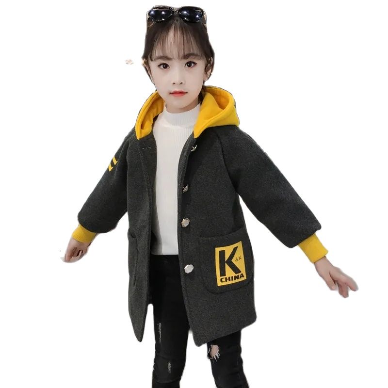 Giacca invernale in lana e misto per ragazze nuova versione coreana cappotto addensato moda abbigliamento per bambini Slim Casual con cappuccio di media lunghezza
