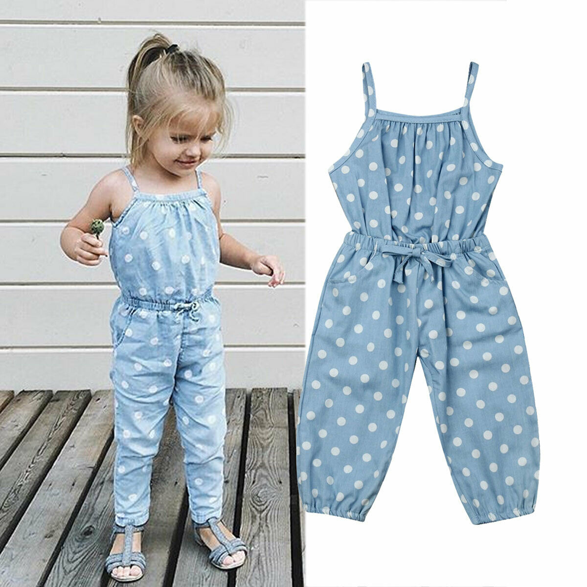 Luce Blu Capretti Del Bambino della ragazza Tute e Salopette Vestito 1 PCS Del Bambino Del Bambino dei bambini del Puntino di Polka Cinghia Coulisse Off-spalla salopette corte