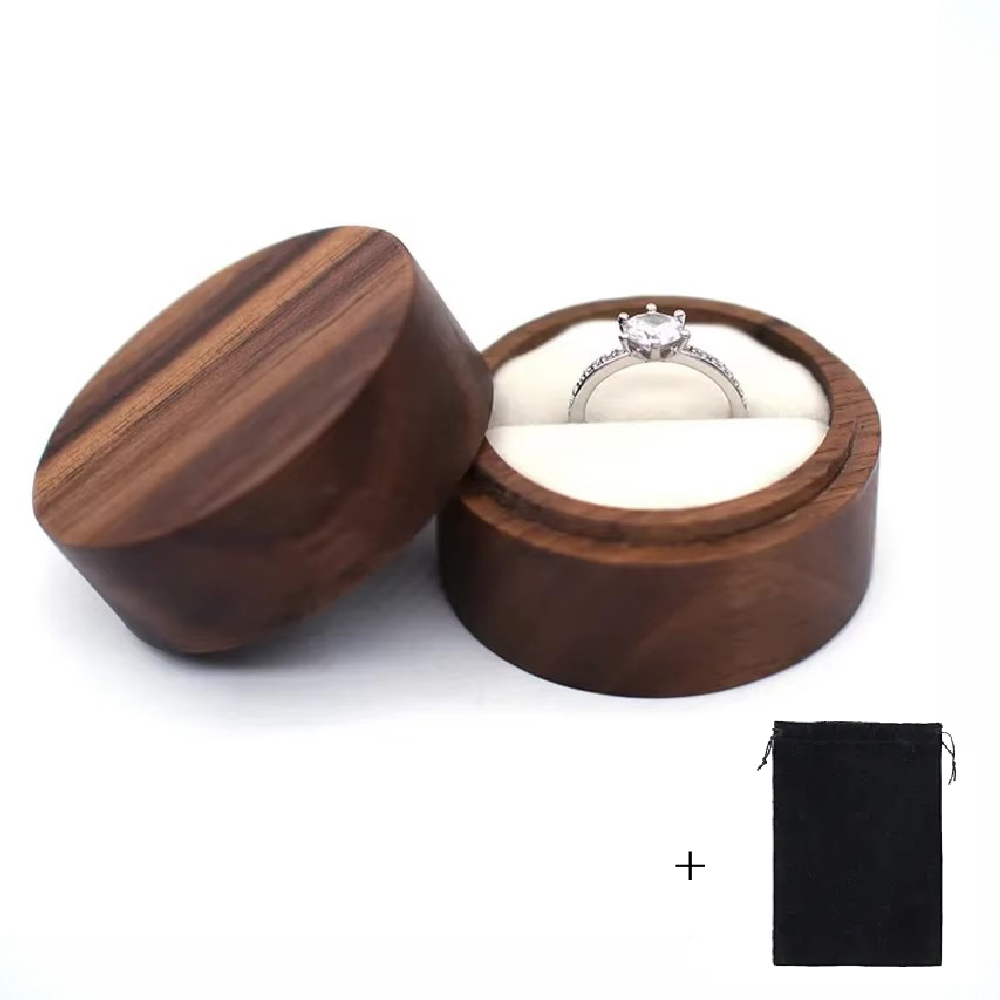 Caja de anillo de madera con logotipo personalizado gratuito, grabado en madera, propuesta de boda, compromiso, madera redonda, caja de anillo con nombre y fecha personalizados gratis: S / Negro