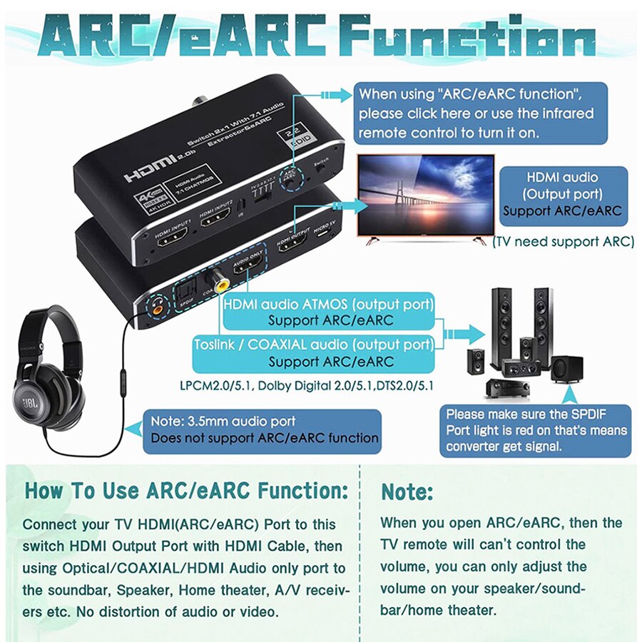 2x1 4K HDMI Switch eARC Audio Extractor With ARC &amp; Optical Toslink HDMI 2.0 Switch 4K 60Hz HDMI Switcher Remote for Apple TV PS4