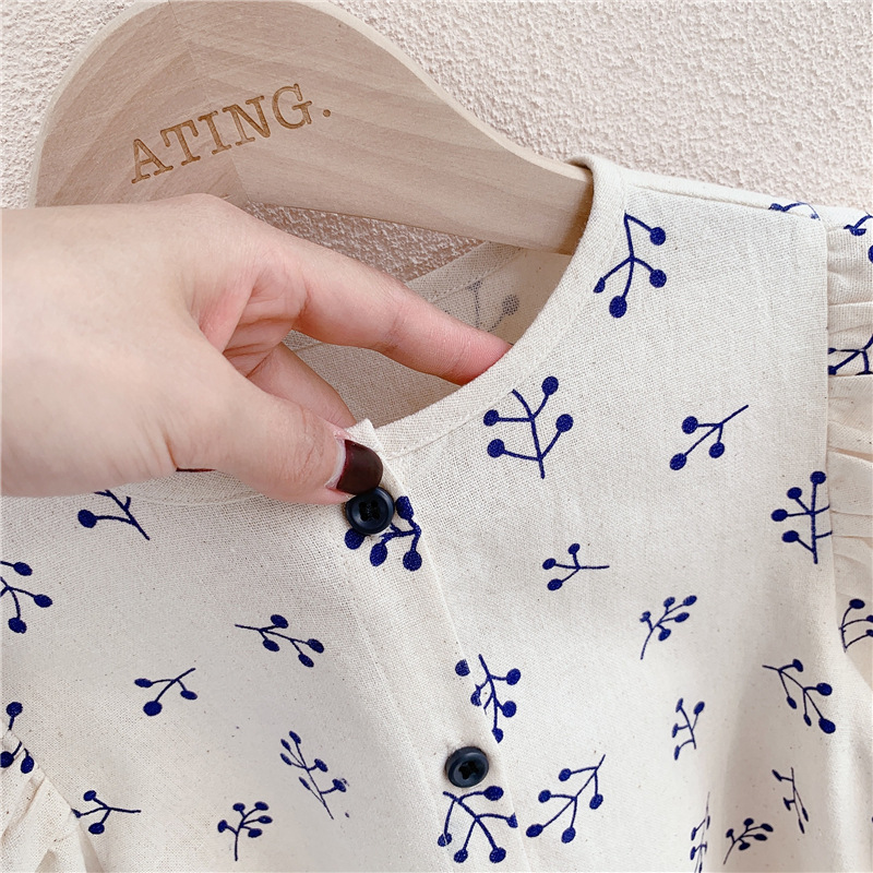 Camisas florales de manga abombada de estilo japonés para niñas, camisa holgada de lino 2022 con estampado de un solo pecho, ropa